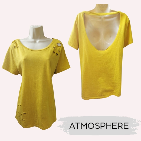 ๐3 for $25๐ Atmosphere 100% Cotton Yellow Ripped Distressed Open Back T-Shirt - Picture 1 of 10
